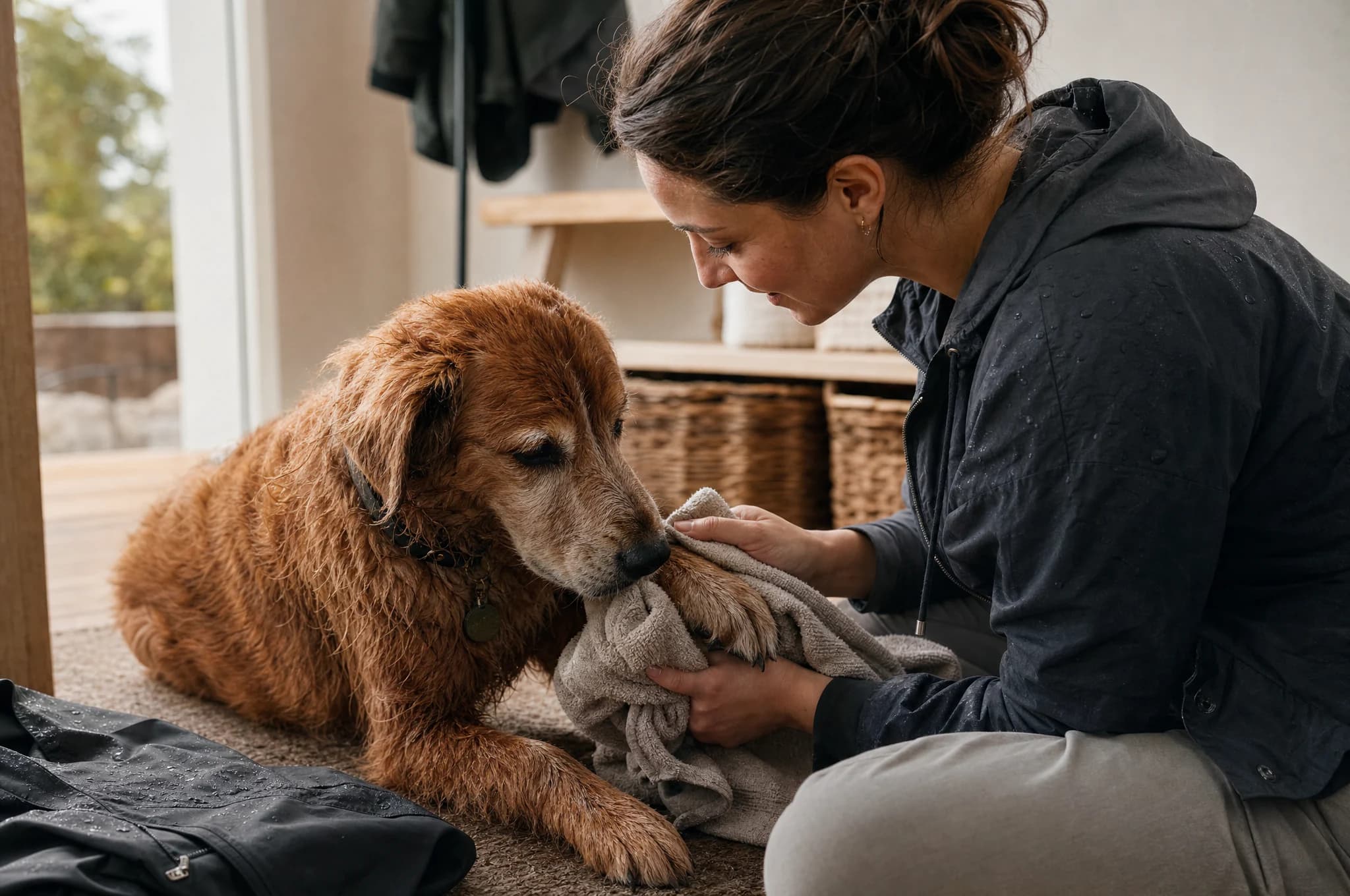 Tutora cuidando de um Golden Retriever